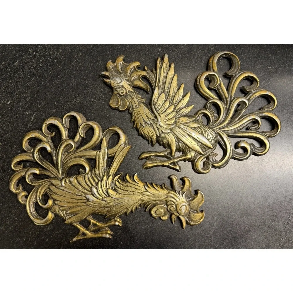 Vintage Japan Cast Metal Rooster Wall Plaques Pair Gold Tone 14